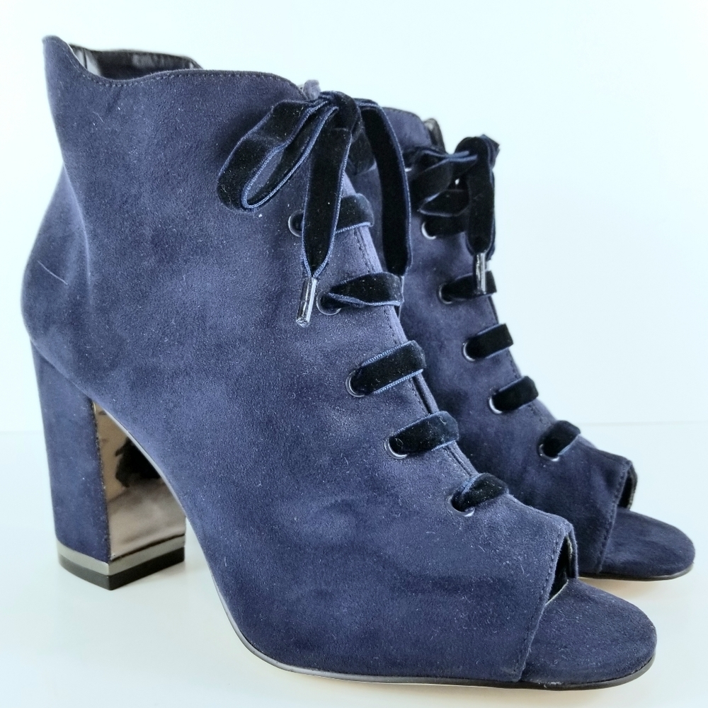 Sz 6 Max Studio Blue Suede Peep Toe Lace Up Block Heel Ankle Boots NWT